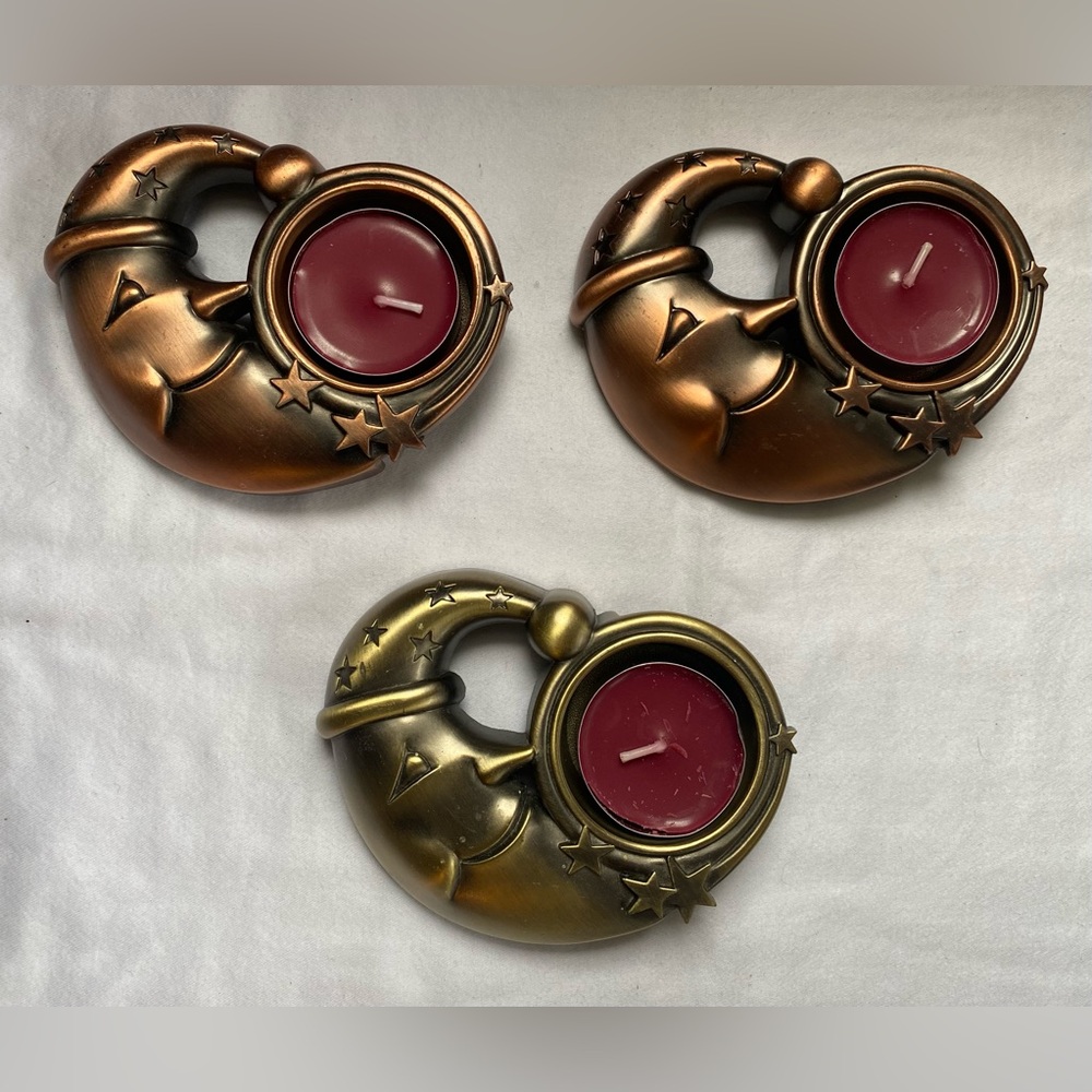 Lot of 3 metal tea light / votive candle holders- celestial moon & stars